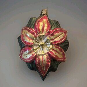 VTG Whitehurst Clematis Lily Flower Floral Blown Glass Ornament 5” Red Gold